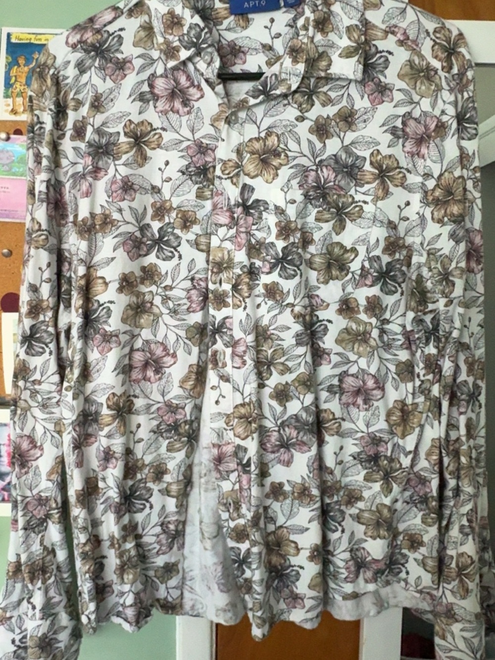 Apt. 9 Cream Floral Button-Up with Pink & Brown Blooms